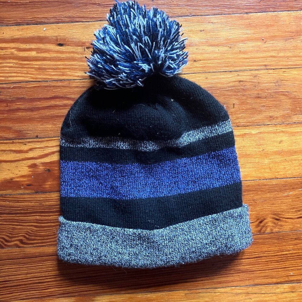Capelli New York Youth Beanie Hat Blue Black Gray Pom Pom